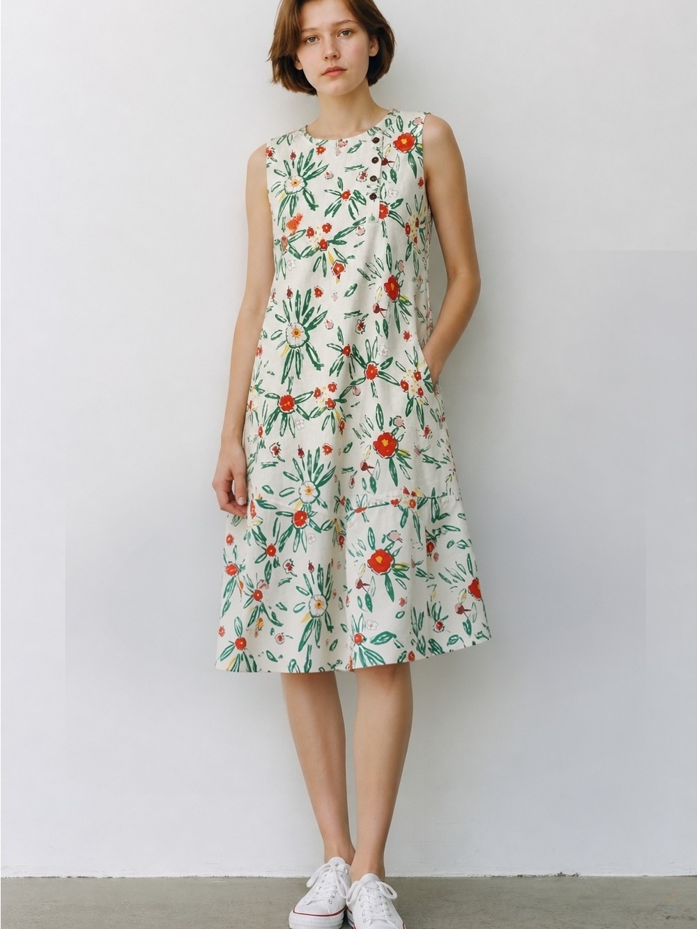 Sleeveless Floral A-Line Dress in Cream and Green
